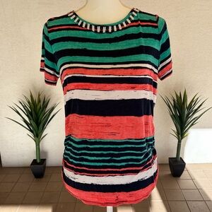 Rudy Rd. Green Navy Coral and White Striped Beaded Top Size Medium